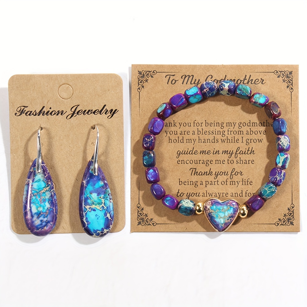 Boho Stone Beaded Jewelry Set Heart Teardrop Earrings Bracelet Gift for Mother